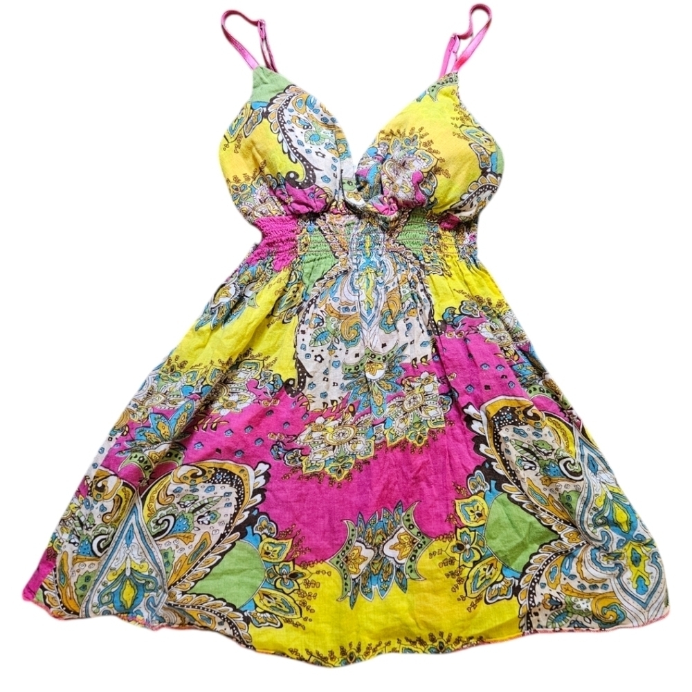 WM Y2K Paisley Print Babydoll Smocked Waist Tank Top Sz M Fairy Boho Peasant - Picture 7 of 13